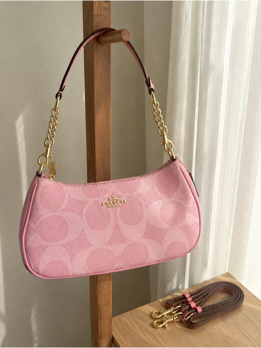 Coach Pink Signature Jacquard Shoulder Bag with Gold Hardware